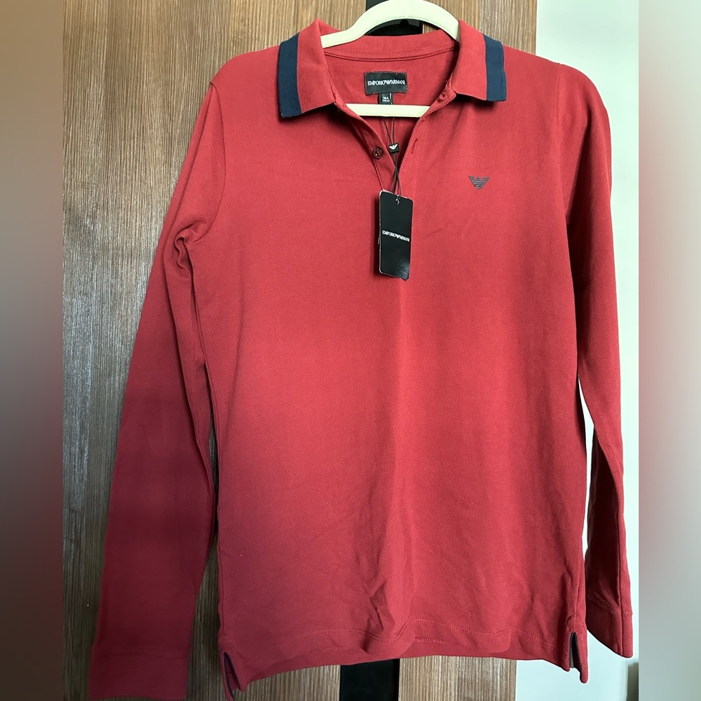 EMPORIO ARMANI Boys Long Sleeve Polo Shirt in dark red size 16A